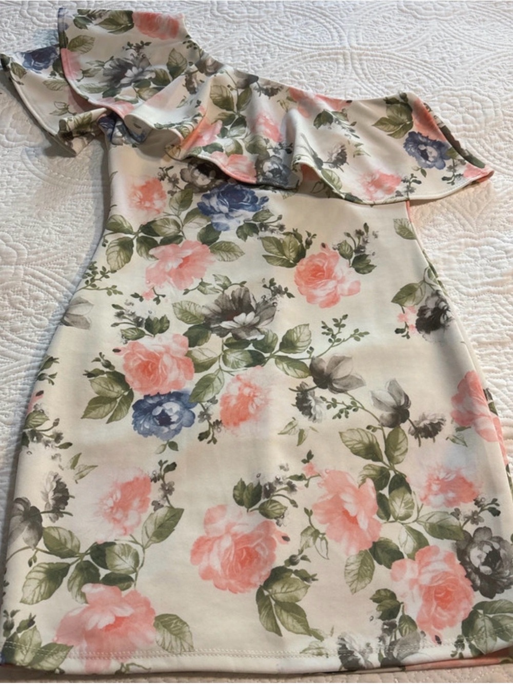 Blue Blush Cream Floral One-Shoulder Dress with Pink & Blue Blooms
